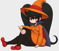 Rule 34 | 1girl, alternate costume, ashley (warioware), big hair, black hair, black pantyhose, breasts, candy, cape, closed mouth, dress, female focus, food, grey background, hair between eyes, halloween costume, hat, holding, holding candy, holding food, holding lollipop, lollipop, long hair, long sleeves, looking at viewer, mato spectoru, nintendo, orange dress, orange hat, pantyhose, red eyes, red footwear, sidelocks, simple background, sitting, skull, small breasts, solo, swirl lollipop, thick thighs, thighs, twintails, very long hair, warioware, witch hat