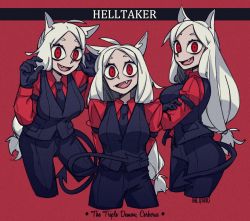 Rule 34 | 3girls, cerberus (helltaker), daliyang, helltaker, multiple girls, red background, smile, tagme