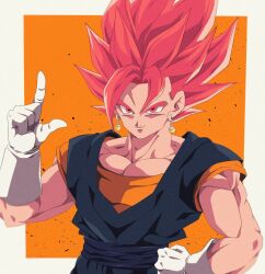 Rule 34 | 1boy, biceps, black sash, border, bure (fantasticyouth7), closed mouth, collarbone, commentary request, dougi, dragon ball, dragon ball super, earrings, gloves, hair between eyes, hand on own hip, hand up, highres, jewelry, looking at viewer, male focus, muscular, muscular male, orange background, orange shirt, outside border, pectoral cleavage, pectorals, potara earrings, red eyes, red hair, sash, shirt, short sleeves, simple background, smile, smirk, solo, spiked hair, super saiyan, super saiyan god, upper body, v-shaped eyebrows, vegetto, white border, white gloves