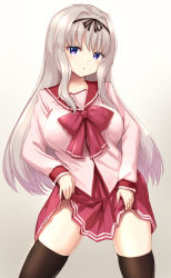 Rule 34 | 1girl, black thighhighs, blue eyes, blush, breasts, clothes lift, commentary request, getsuyou yasumi, hair ribbon, highres, kusugawa sasara, large breasts, legs apart, lifting own clothes, long hair, long sleeves, looking at viewer, neckerchief, pleated skirt, red sailor collar, red skirt, ribbon, sailor collar, school uniform, serafuku, shirt, simple background, skindentation, skirt, skirt lift, sleeve cuffs, solo, standing, thighhighs, thighs, to heart (series), to heart 2, very long hair, white hair