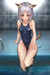 Rule 34 | 1girl, absurdres, animal ear fluff, animal ears, bare arms, bare shoulders, barefoot, blue one-piece swimsuit, blurry, blurry background, brave witches, breasts, breasts apart, brown eyes, collarbone, covered navel, depth of field, edytha rossmann, egk513, fox ears, fox girl, fox tail, frown, highres, long hair, looking at viewer, medium breasts, one-piece swimsuit, parted bangs, pool, silver hair, solo, swimsuit, tail, thighs, tile floor, tiles, water, wet, world witches series
