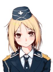 Rule 34 | 1girl, absurdres, akitaka takaaki, blonde hair, blue necktie, blush, brown eyes, closed mouth, girls&#039; frontline, hat, highres, military, military uniform, mp40 (girls&#039; frontline), necktie, short hair, simple background, solo, uniform, upper body, white background