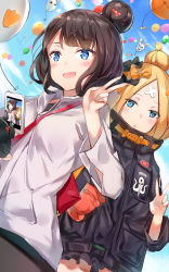 Rule 34 | 2girls, :d, abigail williams (fate), abigail williams (traveling outfit) (fate), absurdres, animal, balloon, black bow, black jacket, blonde hair, blue eyes, blue sky, blush, bow, brown hair, cellphone, cloud, commentary request, crossed bandaids, day, fate/grand order, fate (series), fou (fate), ginn (hzh770121), hair bow, hair bun, hand up, highres, holding, holding phone, hood, hood down, hooded jacket, jacket, katsushika hokusai (fate), katsushika hokusai (traveling outfit) (fate), long hair, long sleeves, medjed (fate), multiple girls, hugging object, octopus, official alternate costume, open mouth, orange bow, outdoors, parted bangs, parted lips, phone, polka dot, polka dot bow, single hair bun, sky, sleeves past fingers, sleeves past wrists, smile, stuffed animal, stuffed toy, taking picture, teddy bear, v, white jacket