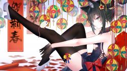 Rule 34 | animal, animal ears, black hair, china dress, chinese clothes, clothing cutout, cross-laced clothes, cross-laced cutout, dress, flat chest, from side, gloves, green eyes, highres, mouse (animal), ookamisama, original, short hair, thighhighs, virtual youtuber