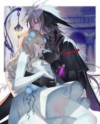 Rule 34 | 1boy, 1girl, blonde hair, commentary request, cover image, dress, elbow gloves, gloves, highres, holding hands, indoors, kissing hair, long hair, monster boy, original, teikano101, textless version, thighhighs, unconscious, white dress, white gloves, white thighhighs, yellow eyes