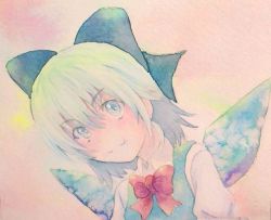Rule 34 | 1girl, :3, blue eyes, blue hair, bow, cirno, hair bow, ice, ice wings, matching hair/eyes, painting (medium), solo, touhou, traditional media, watercolor (medium), wings, yuyu (00365676)