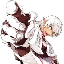 Rule 34 | 00s, 1boy, armor, breastplate, buront, elf, elvaan, final fantasy, final fantasy xi, gloves, open mouth, pointing, pointy ears, portrait, red eyes, short hair, silver hair, simple background, sumi keiichi, teeth, the iron of yin and yang, transparent background, white background