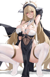 Rule 34 | 1girl, absurdres, armpits, azur lane, bare shoulders, black gloves, blonde hair, blush, breast cutout, breasts, detached sleeves, feet, gloves, habit, hair between eyes, halterneck, highres, horns, huge breasts, implacable (azur lane), legs, looking at viewer, no shoes, nun, orange eyes, solo, spread legs, squatting, thighhighs, toes, tongue, tongue out, two-tone dress, white thighhighs, wsfw