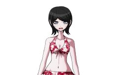 1girl bikini black_hair blue_eyes breasts cleavage collarbone danganronpa:_trigger_happy_havoc danganronpa_(series) danganronpa_s:_ultimate_summer_camp drakidor eyebrows eyelashes female_focus floral_print floral_print_bikini freckles looking_at_viewer medium_breasts navel nervous nervous_sweating open_mouth solo sweat sweatdrop swimsuit teeth third-party_edit tongue transparent_background upper_body upper_teeth_only