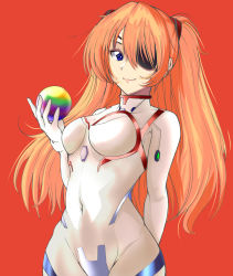 Rule 34 | 1girl, absurdres, artist request, blue eyes, bodysuit, breasts, brown hair, covered navel, cowboy shot, curvy, evangelion: 3.0+1.0 thrice upon a time, gloves, hair ornament, highres, lips, long hair, looking at viewer, medium breasts, neon genesis evangelion, orange background, orb, plugsuit, rebuild of evangelion, shiny clothes, simple background, skin tight, smile, solo, souryuu asuka langley, two side up, very long hair, white bodysuit, wide hips