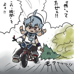 Rule 34 | 1girl, bandaid, bandaid on face, black pantyhose, blue hair, blue neckerchief, blue sailor collar, blue skirt, commentary request, ferret-san, gloves, gradient hair, hat, kantai collection, long hair, low twintails, multicolored hair, neckerchief, pantyhose, pine tree, pleated skirt, red eyes, sado (kancolle), sailor collar, sailor hat, school uniform, serafuku, skirt, solo, translation request, tree, tricycle, twintails, undershirt, white gloves, white headwear