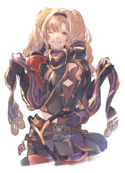 Rule 34 | 1girl, black bow, black gloves, black hairband, blonde hair, blue eyes, bow, braid, brown leotard, cropped legs, elbow gloves, gloves, granblue fantasy, grey pants, grin, hair intakes, hairband, highres, leotard, long hair, looking at viewer, one eye closed, pants, shimatani azu, simple background, smile, solo, standing, twintails, white background, zeta (granblue fantasy)