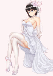 Rule 34 | 1girl, absurdres, ankle ribbon, bad anatomy, bare shoulders, bbdaoa (1446759744), black hair, blue eyes, bow, breasts, bridal veil, choker, collarbone, crossed legs, dress, earrings, elbow gloves, female focus, flower, frilled dress, frills, full body, gloves, hand on breast, hand on own chest, hand up, head tilt, high heels, highres, invisible chair, jewelry, lace, lace-trimmed gloves, lace-trimmed legwear, lace trim, large breasts, leg ribbon, looking at viewer, neck, necklace, original, ornate ring, parted lips, ribbon, ring, shiny clothes, short hair, simple background, sitting, solo, strapless, strapless dress, thighhighs, veil, wedding dress, wedding ring, white choker, white dress, white gloves, white thighhighs