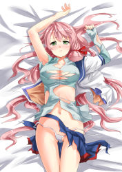 Rule 34 | 10s, 1girl, akashi (kancolle), arai harumaki, bed sheet, blush, breasts, cleavage, green eyes, kantai collection, large breasts, long hair, looking at viewer, lying, navel, on back, panties, personification, pink hair, shirt, side slit, skirt, solo, tears, torn clothes, torn shirt, torn skirt, underwear, white panties