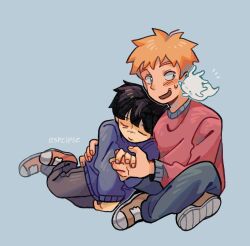 Rule 34 | 2boys, artist name, black hair, black pants, blonde hair, blue background, blue sweater, blunt bangs, blush, brown footwear, closed eyes, closed mouth, commentary, english commentary, esper-eclipse, full body, hanazawa teruki, highres, holding hands, indian style, kageyama shigeo, long sleeves, looking at another, male focus, mob psycho 100, multiple boys, open mouth, pants, red shirt, shirt, shoes, short hair, simple background, sitting, sleeping, sneakers, spirit, sweater, yaoi