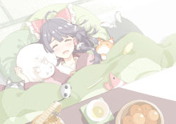 Rule 34 | 1girl, ^ ^, ahoge, animal, backlighting, black hair, blunt bangs, blush, bow, cat, cat teaser, closed eyes, cup, cushion, downscaled, drink, drooling, dutch angle, eyebrows, facing viewer, food, frilled bow, frilled hair tubes, frills, from above, fruit, green tea, grey cat, hair bow, hair spread out, hair tubes, hakurei reimu, hand up, hanten (clothes), indoors, kotatsu, light particles, mandarin orange, mouse (animal), muted color, on floor, open mouth, orange cat, pale color, red bow, resized, sakuraba yuuki, saliva, short hair with long locks, sidelocks, sleeping, solo, stuffed animal, stuffed shrimp, stuffed toy, sunlight, swept bangs, table, tatami, tea, teapot, touhou, u u, under kotatsu, under table, upper body, white cat, wing collar