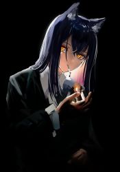 Rule 34 | 1girl, animal ears, arknights, black background, black hair, black jacket, cigarette, commentary, formal, gawako, highres, holding, holding lighter, jacket, lighter, long hair, long sleeves, orange eyes, shirt, simple background, slit pupils, smoking, solo, suit, suit jacket, symbol-only commentary, texas (arknights), upper body, white shirt, wolf ears