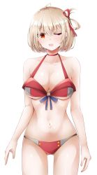 Rule 34 | 1girl, ;o, absurdres, ahoge, amepon, bikini, blonde hair, blush, breasts, choker, cleavage, collarbone, fang, gluteal fold, hair ribbon, highres, large breasts, lycoris recoil, navel, nishikigi chisato, one eye closed, one side up, open mouth, red bikini, red choker, red eyes, ribbon, short hair, solo, stomach, swimsuit, transparent background