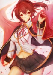 Rule 34 | 1girl, bad id, bad pixiv id, blazblue, cape, celica a. mercury, cowboy shot, hair between eyes, highres, long sleeves, navel, pleated skirt, ponytail, red eyes, red hair, revision, skirt, smile, snm (sunimi), solo, thighs