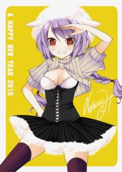 Rule 34 | 10s, 1girl, 2015, blush, braid, brown thighhighs, capelet, fur trim, grin, happy new year, long hair, looking at viewer, new year, original, pinstripe pattern, purple hair, red eyes, sakura hanatsumi, signature, skirt, smile, solo, striped clothes, striped thighhighs, thighhighs, twin braids, twintails, vertical-striped clothes, vertical-striped thighhighs, yellow background