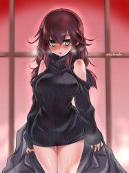 Rule 34 | 10s, 1girl, bad id, bad pixiv id, bare shoulders, blush, breasts, brown hair, green eyes, kantai collection, large breasts, long hair, noshiro (kancolle), solo, sweater, tokita monta, turtleneck, twitter username