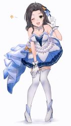 Rule 34 | 1girl, ;d, bad id, bad twitter id, bare shoulders, black hair, blue ribbon, blush, bracelet, breasts, cleavage, clock, collarbone, dress, full body, gem, gloves, green eyes, hair intakes, hand on own thigh, hand up, high heels, highres, idolmaster, idolmaster cinderella girls, idolmaster cinderella girls starlight stage, jewelry, medium breasts, medium hair, mizu ramen, necklace, one eye closed, open mouth, pearl (gemstone), pearl bracelet, pearl necklace, pigeon-toed, ribbon, roman numeral, simple background, smile, solo, soma natsumi, standing, star (symbol), starry sky bright, strapless, strapless dress, thighhighs, tiara, white background, white footwear, white gloves, white thighhighs