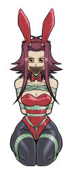 Rule 34 | 1girl, absurdres, animal ears, arms behind back, bdsm, bondage, bound, bound arms, bound legs, bow, bowtie, box tie, breast bondage, breasts, brown eyes, card, cleavage, collarbone, detached collar, fake animal ears, gag, gagged, highres, improvised gag, izayoi aki, kneeling, leotard, looking at viewer, pantyhose, playboy bunny, rabbit ears, red hair, red leotard, rope, wossarem, yu-gi-oh!, yu-gi-oh! 5d&#039;s