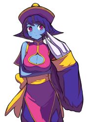 Rule 34 | 1girl, blue hair, blue skin, breast hold, breasts, capcom, chinese clothes, claws, cleavage cutout, clothing cutout, colored skin, flipped hair, fondoler, fondolger, hat, jiangshi, large breasts, lei lei, purple eyes, purple hair, qingdai guanmao, short hair, simple background, solo, vampire (game)