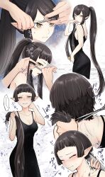 Rule 34 | 1girl, absurdres, alternate hair length, alternate hairstyle, back, black dress, black hair, blunt bangs, blush, bob cut, breasts, cleavage, closed eyes, closed mouth, collarbone, commission, cutting hair, disembodied hand, dress, fate/apocrypha, fate (series), hair clipper, hairdressing, highres, holding, holding own hair, holding scissors, kyoi hey, long hair, looking at viewer, medium breasts, multiple views, open mouth, pixiv commission, pointy ears, ponytail, scissors, semiramis (fate), severed hair, short hair, sidelocks, sleeveless, sleeveless dress, upper body, very long hair, very short hair, yellow eyes