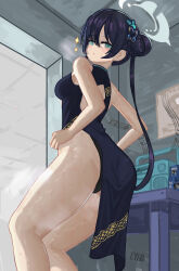 Rule 34 | 1girl, absurdres, ass, black dress, black hair, black panties, blue archive, blue eyes, blush, breasts, butterfly hair ornament, china dress, chinese clothes, dress, english text, hair ornament, highres, kisaki (blue archive), looking at viewer, looking back, lyib, medium breasts, panties, solo, sweat, thighs, twintails, underwear