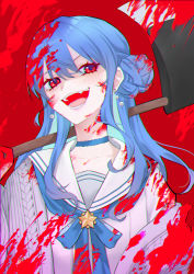 Rule 34 | 1girl, :d, alternate eye color, animal ears, axe, bad id, bad pixiv id, blood, blood on clothes, blood on face, blood splatter, blue choker, blue hair, blush, choker, collarbone, grey jacket, hair between eyes, hair bun, highres, holding, holding axe, hololive, hoshimachi suisei, hoshimachi suisei (school uniform), jacket, long hair, looking at viewer, open clothes, open jacket, open mouth, red background, red eyes, saco (cgmore), sailor collar, simple background, single side bun, smile, solo, star (symbol), star in eye, sweater, symbol in eye, virtual youtuber, white sailor collar
