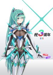 Rule 34 | 1girl, absurdres, anniversary, breasts, chest jewel, earrings, feet out of frame, gem, gloves, green eyes, green hair, highres, jewelry, large breasts, long hair, pneuma (xenoblade), ponytail, sarasadou dan, smile, solo, spoilers, swept bangs, tiara, very long hair, xenoblade chronicles (series), xenoblade chronicles 2
