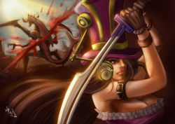 Rule 34 | 1girl, armband, armor, belt, blood, breasts, brown hair, caitlyn (league of legends), cho&#039;gath, cleavage, defeat, gloves, hair over one eye, hat, imura liu, large breasts, league of legends, lips, long hair, monster, purple eyes, signature, spikes, sword, tail, weapon