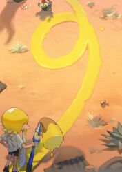 Rule 34 | 1girl, bike shorts, black shorts, blonde hair, braid, commentary request, corrugated galvanized iron sheet, day, facing away, from behind, hand on own hip, hand up, highres, holding, holding paintbrush, inkbrush (splatoon), inkling, inkling girl, inkling player character, long hair, nintendo, outdoors, p-pepper, paint, paintbrush, plant, pointy ears, rock, sand, shadow, shirt, short shorts, short sleeves, shorts, side braid, single braid, smallfry (splatoon), splatoon (series), splatoon 3, standing, t-shirt, tentacle hair, white shirt
