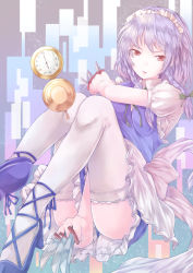 Rule 34 | 1girl, bad id, bad pixiv id, between legs, bow, braid, frilled thighhighs, frills, garter straps, hair bow, hand between legs, high heels, izayoi sakuya, knees, knife, legs together, looking at viewer, maid headdress, mary janes, open mouth, pocket watch, red eyes, shoes, short hair, silver hair, solo, thighhighs, touhou, tukiotoyomi, twin braids, watch, white thighhighs, zettai ryouiki