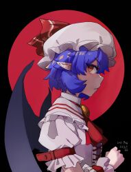 Rule 34 | 1girl, ascot, bat wings, black background, blue hair, brooch, collared shirt, frilled shirt collar, frills, full moon, hat, highres, jewelry, mob cap, moon, onionmay, pointy ears, red ascot, red eyes, red moon, remilia scarlet, shirt, short hair, simple background, slit pupils, solo, touhou, white hat, white shirt, wings, wrist cuffs
