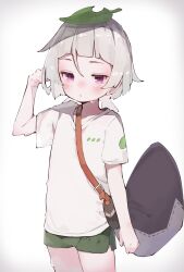 Rule 34 | 1girl, :&lt;, alternate costume, bag, blush, closed mouth, cowboy shot, flat chest, fujiwara gacho, genshin impact, green shorts, grey hair, hand up, highres, leaf, leaf on head, parted lips, purple eyes, sayu (genshin impact), shirt, short hair, short shorts, short sleeves, shorts, shoulder bag, simple background, solo, sweat, twintails, white background, white shirt