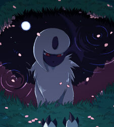 Rule 34 | absol, claws, commentary, creatures (company), game freak, gen 3 pokemon, grass, looking down, night, nintendo, no humans, outdoors, petals, pokemon, pokemon (creature), puddle, reflection, ripples, solo, yooguru (pixiv40318755)