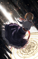 Rule 34 | 1girl, alice margatroid, architecture, blonde hair, blue eyes, book, capelet, dress, frilled ribbon, frills, frown, gothic architecture, grimoire of alice, hairband, highres, katann, looking back, ribbon, solo, string, string of fate, touhou