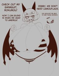 Rule 34 | 1girl, american flag bikini, bikini, breasts, debby the corsifa, debby the corsifa wa makezugirai, duskyer, english text, extra eyes, female focus, flag print, gigantic breasts, monochrome, solo, swimsuit, thick thighs, thighs, w arms, wide hips, wings