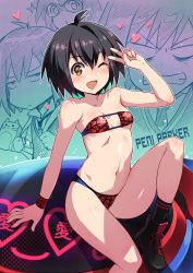 Rule 34 | 1girl, adapted costume, ahoge, bikini, black footwear, black hair, black socks, boots, brown eyes, character name, commentary request, cross-laced footwear, flat chest, inue shinsuke, lace-up boots, marvel, navel, open mouth, peni parker, red bikini, red wristband, robot, short hair, sitting, smile, socks, solo, spider-man: into the spider-verse, spider-man (series), spider-verse, spider web print, swimsuit, wristband