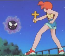 Rule 34 | 1girl, animated, animated gif, bare shoulders, creatures (company), crop top, cross, denim, denim shorts, fence, from behind, from below, full body, game freak, gastly, gen 1 pokemon, holding, lowres, midriff, misty (pokemon), night, night sky, nintendo, orange hair, outdoors, outstretched arm, pokemon, pokemon (anime), pokemon (creature), ponytail, red footwear, shirt, shoes, short hair, short ponytail, short shorts, shorts, side ponytail, sky, sleeveless, sleeveless shirt, sneakers, standing, star (sky), star (symbol), starry sky, suspenders, wide ponytail, yellow shirt