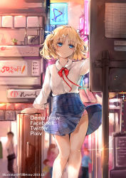 Rule 34 | 1girl, blonde hair, blue eyes, blue skirt, blush, bow, city, closed mouth, collared shirt, commentary request, dema hmw, dress shirt, evening, hair ornament, hair ribbon, hairclip, highres, long sleeves, neon lights, original, outdoors, outstretched arm, panties, parted bangs, pink panties, plaid, plaid skirt, rabbit hair ornament, red bow, ribbon, shirt, skirt, solo focus, sparkle, standing, suitcase, two side up, underwear, white ribbon, white shirt