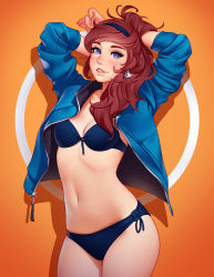 Rule 34 | 1girl, arms up, bikini, black hairband, blush, brown hair, carolynne d&#039;azur, commentary request, cowboy shot, earrings, green jacket, hairband, highres, jacket, jewelry, long hair, looking at viewer, midriff, navel, open clothes, open jacket, orange background, original, panties, parted lips, purple eyes, side-tie panties, solo, stomach, swimsuit, teeth, tsuaii, underwear