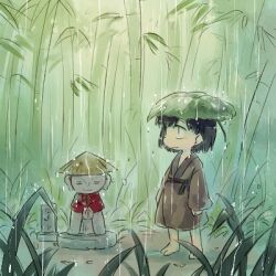Rule 34 | 1girl, bamboo, bamboo forest, barefoot, black hair, brown kimono, closed mouth, commentary request, dated commentary, forest, hat, japanese clothes, jizou, kimono, leaf, leaf on head, long sleeves, lowres, medium hair, nature, original, outdoors, rain, rakuni, rice hat, solo, standing, statue, unworn hat, unworn headwear, wide sleeves