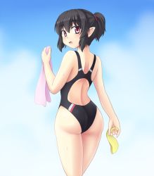 Rule 34 | 1girl, alternate costume, alternate hairstyle, ass, black hair, blush, competition swimsuit, isaki (gomi), looking at viewer, looking back, one-piece swimsuit, pointy ears, ponytail, red eyes, shameimaru aya, short hair, solo, swimsuit, touhou
