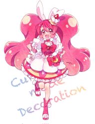 Rule 34 | 1girl, animal ears, boots, bow, cake hair ornament, choker, commentary, cure whip, earrings, food-themed hair ornament, frills, hair ornament, highres, jewelry, kirakira precure a la mode, long hair, magical girl, open mouth, pink bow, pink choker, pink corset, pink eyes, pink hair, pom pom (clothes), pom pom earrings, pouch, precure, puffy short sleeves, puffy sleeves, qianxia yell, rabbit ears, rabbit girl, short sleeves, smile, solo, standing, standing on one leg, symbol-only commentary, twintails, usami ichika, very long hair