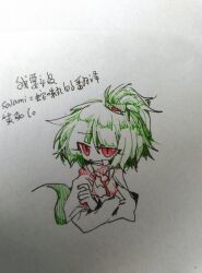 Rule 34 | 1other, adagumo no saragimaru, androgynous, ballpoint pen (medium), capelet, chinese text, closed mouth, commentary request, crossed arms, green hair, hair ornament, highres, len&#039;en, ling s, long sleeves, medium hair, no nose, other focus, red eyes, simple background, sketch, slit pupils, snake hair ornament, snake tail, solo, spot color, tail, traditional media, translation request, white background