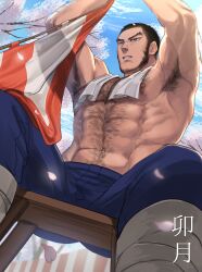 Rule 34 | 1boy, abs, absurdres, armpit hair, armpits, bara, beard, cherry blossoms, chest hair, facial hair, falling petals, feet out of frame, flag, foreshortening, from below, golden kamuy, hairy, highres, imperial japanese army, large pectorals, long sideburns, male focus, mature male, muscular, muscular male, navel, navel hair, nipples, pectorals, perspective, petals, reman kamuy, short hair, sideburns, solo, stomach, stubble, tanigaki genjirou, thick eyebrows, topless male, towel, towel around neck, very short hair