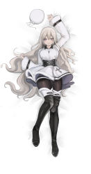 Rule 34 | 1girl, absurdres, azur lane, black footwear, black pantyhose, blue eyes, blush, boots, breasts, closed mouth, coat, cross, cross necklace, dress, fur-trimmed coat, fur-trimmed dress, fur trim, highres, jewelry, knee boots, long hair, looking at viewer, lying, murmansk (azur lane), necklace, on back, pantyhose, platinum blonde hair, purple eyes, smile, solo, thigh boots, thighhighs, white coat, white dress, winter clothes, yog (1598125441)